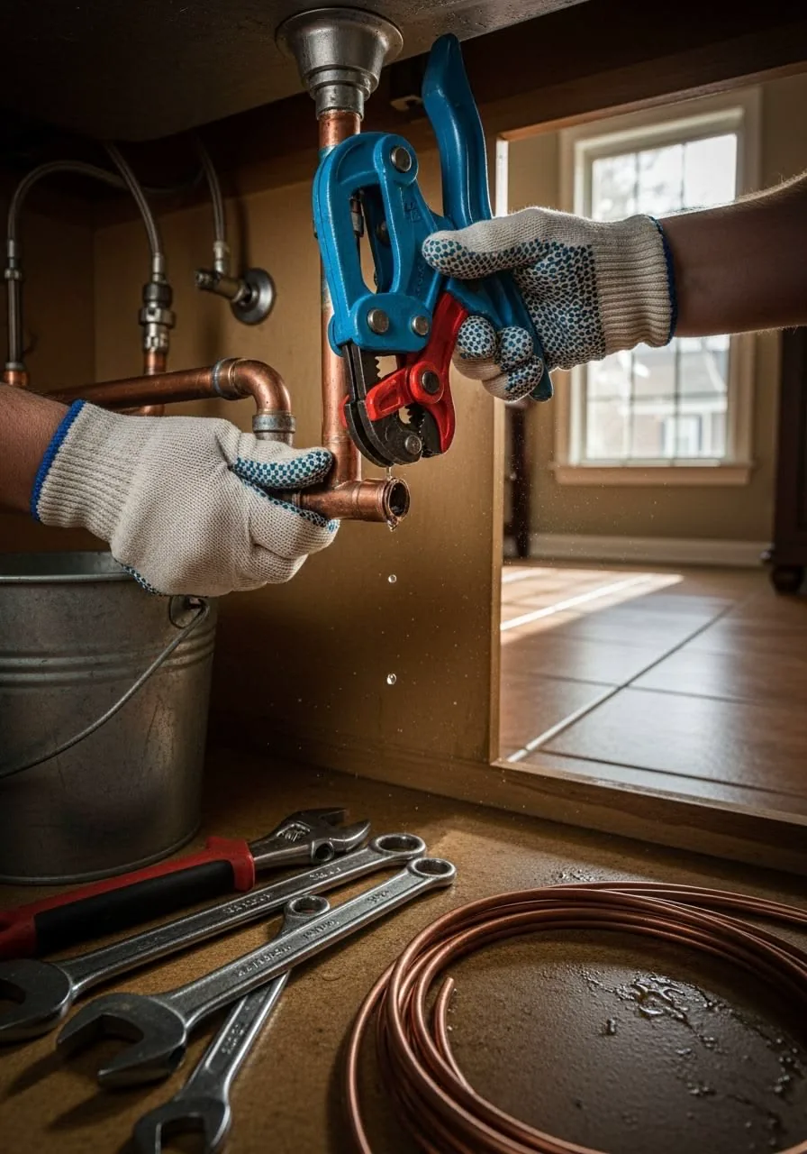 Two gloved hands cutting a copper supply pipe with a ratcheting cutter, a bucket catching the drip below