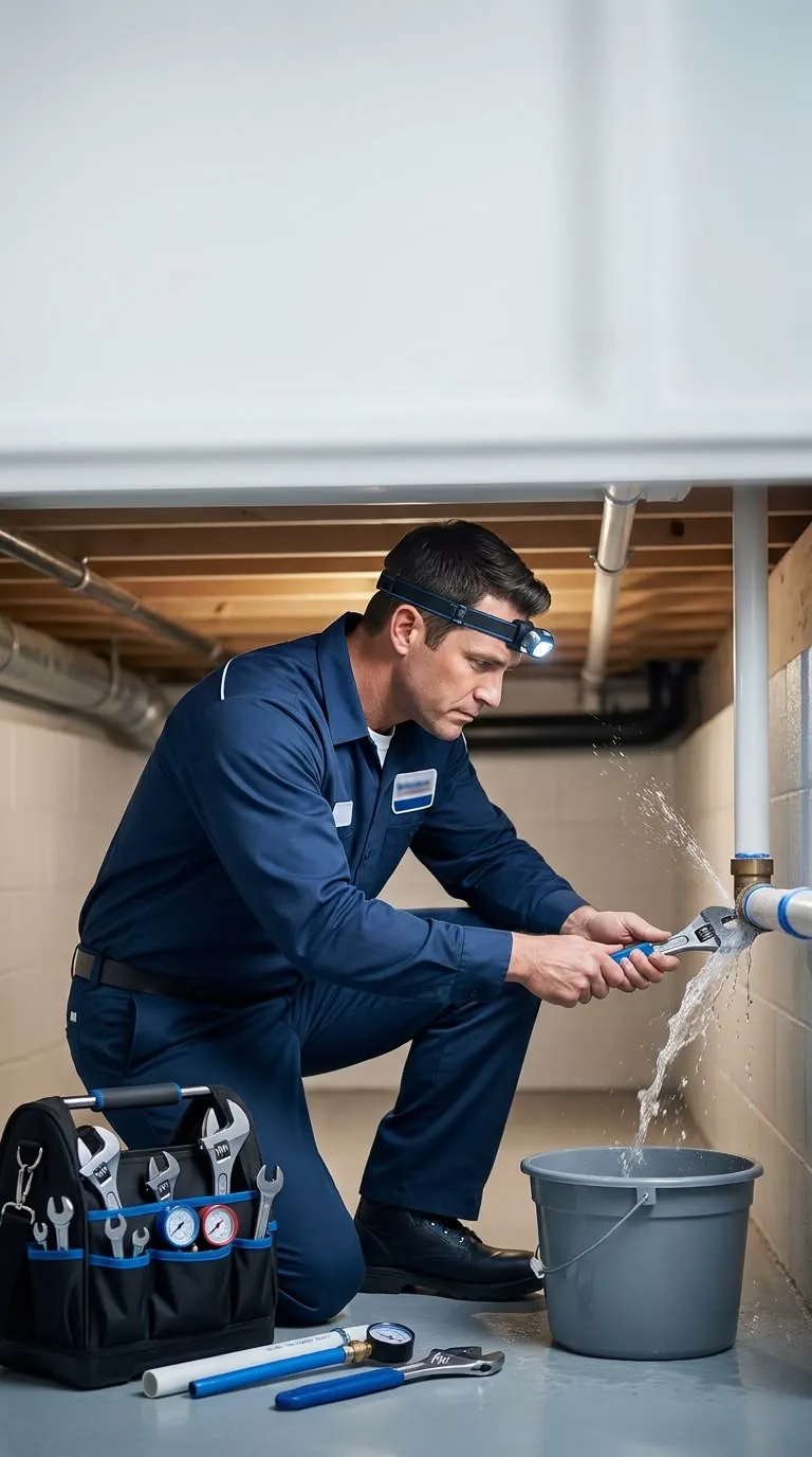 Plumber wearing a headlamp tightening a valve on a basement supply line while water sprays into a bucket