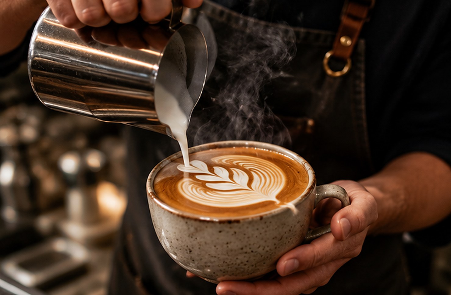 Barista pouring steamed milk into a latte