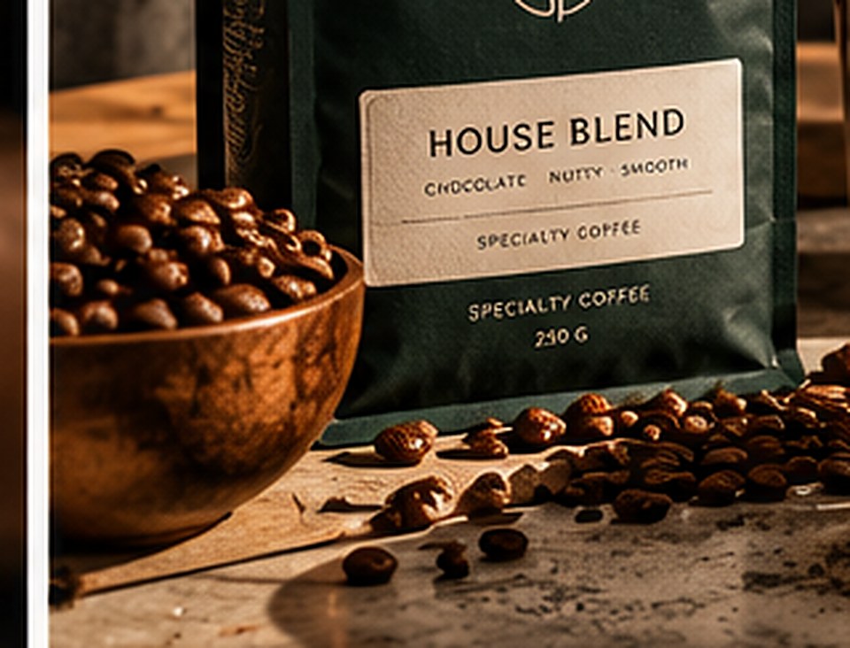 A wooden bowl of roasted coffee beans