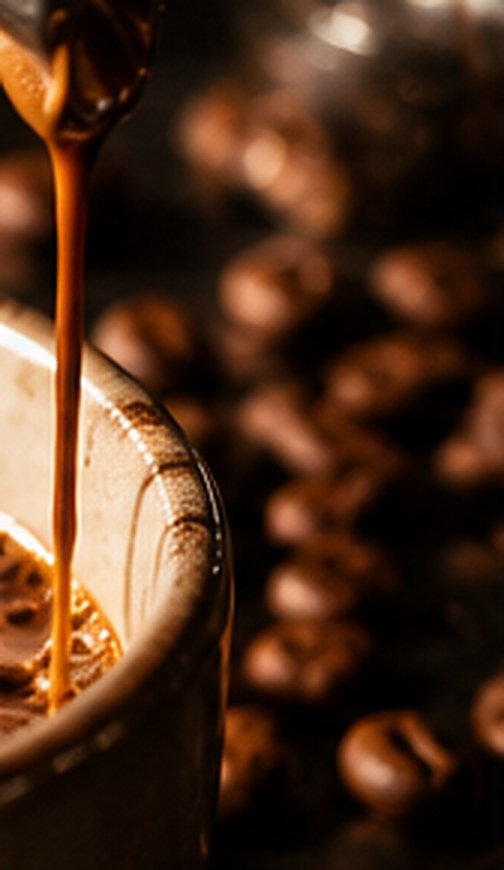 Roasted coffee beans tumbling through warm light