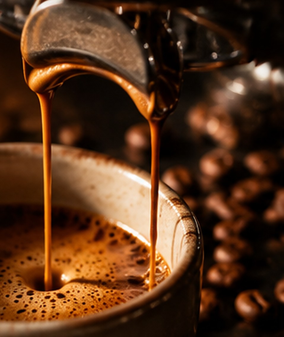 Espresso extracting from a portafilter into a ceramic cup, with roasted beans scattered behind