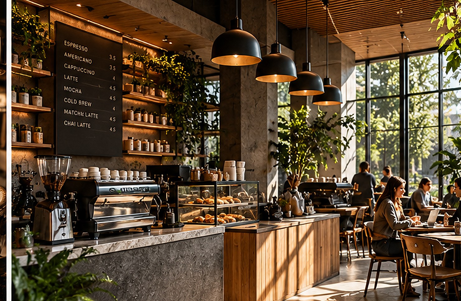 Coffee counter with espresso machine, pastry case and brass pendant lights