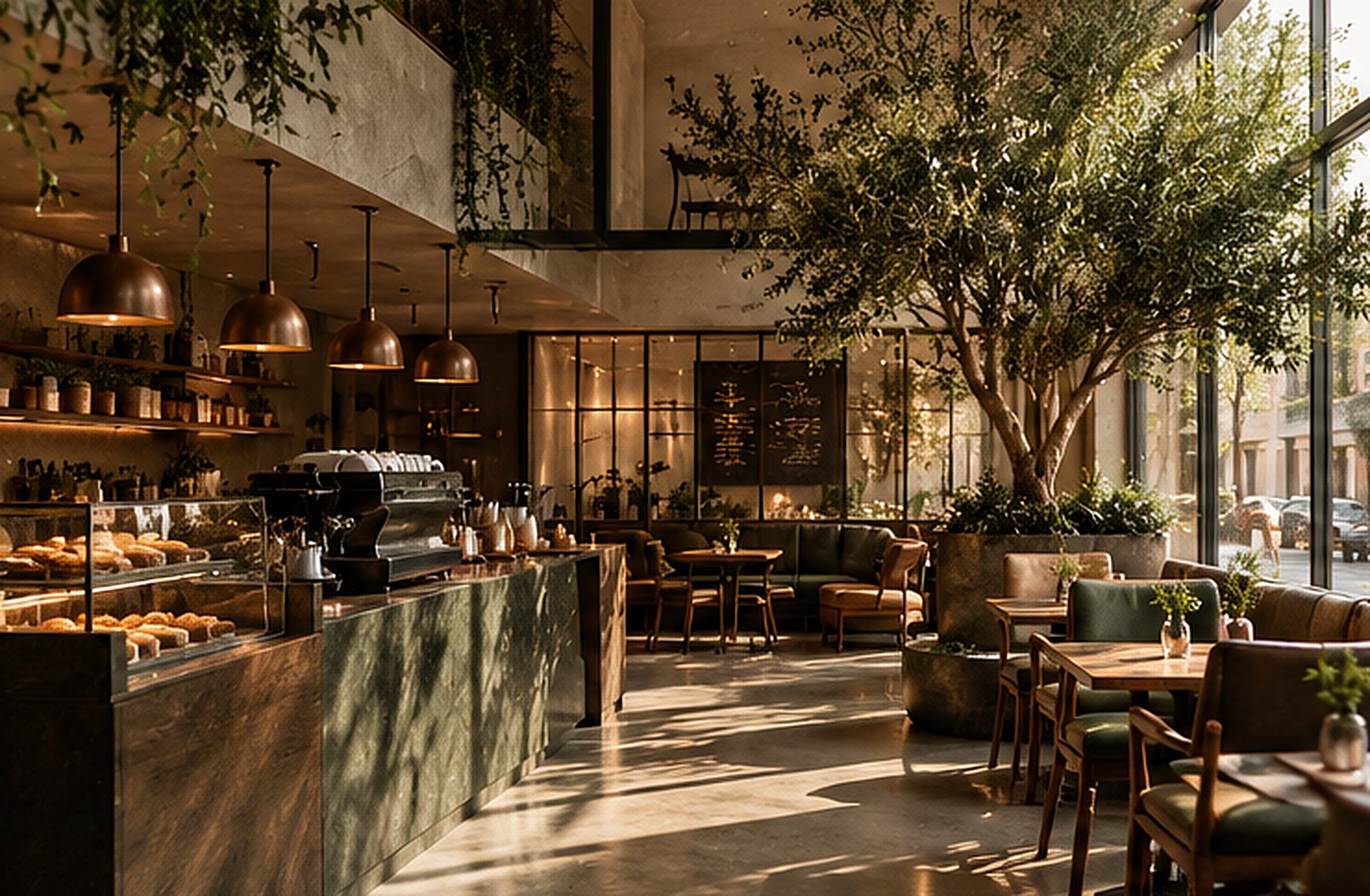 Sunlit café interior with copper pendant lights, green seating and a tall indoor tree