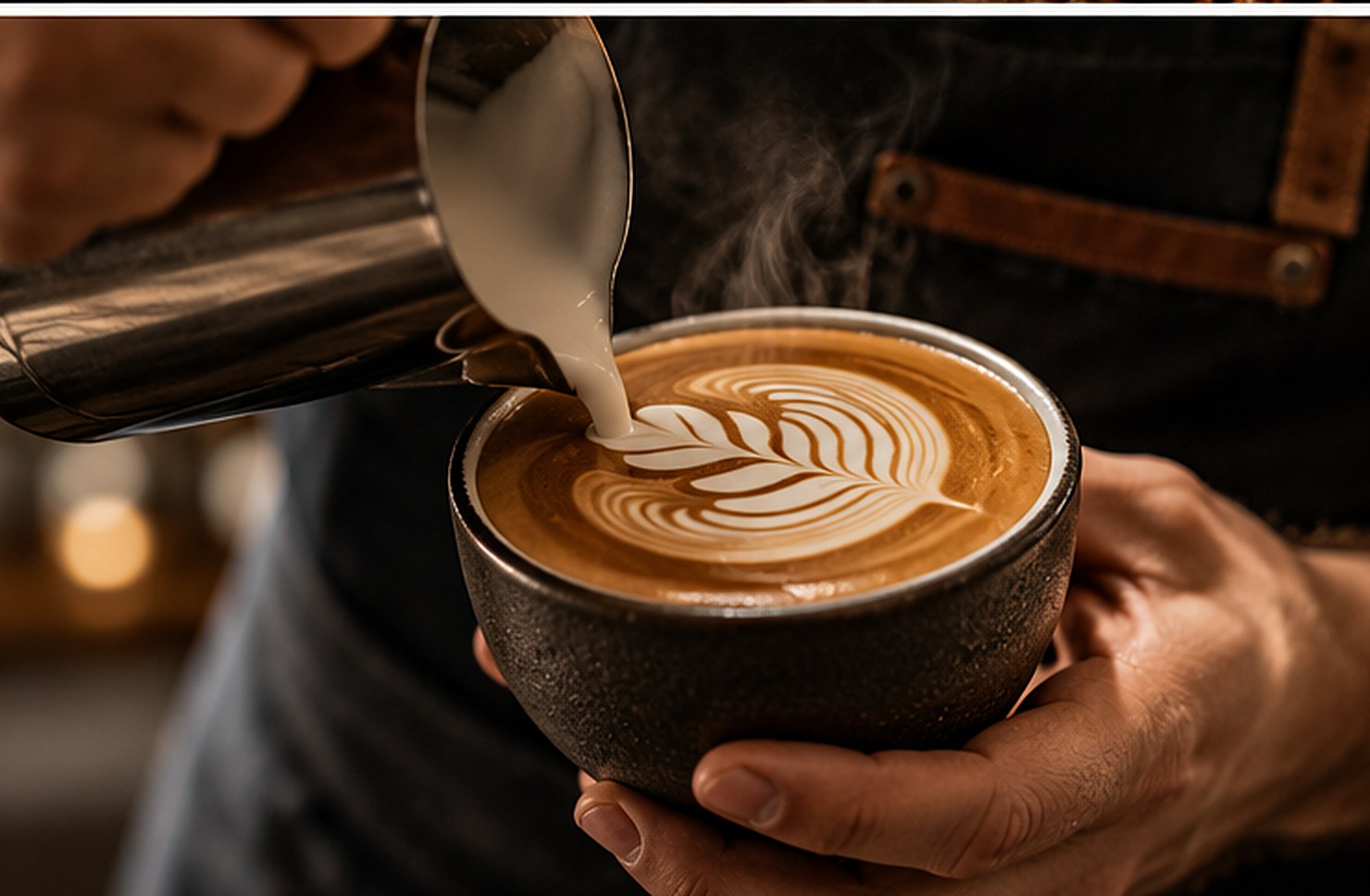 Hands cradling a ceramic cup of latte with a rosetta pattern