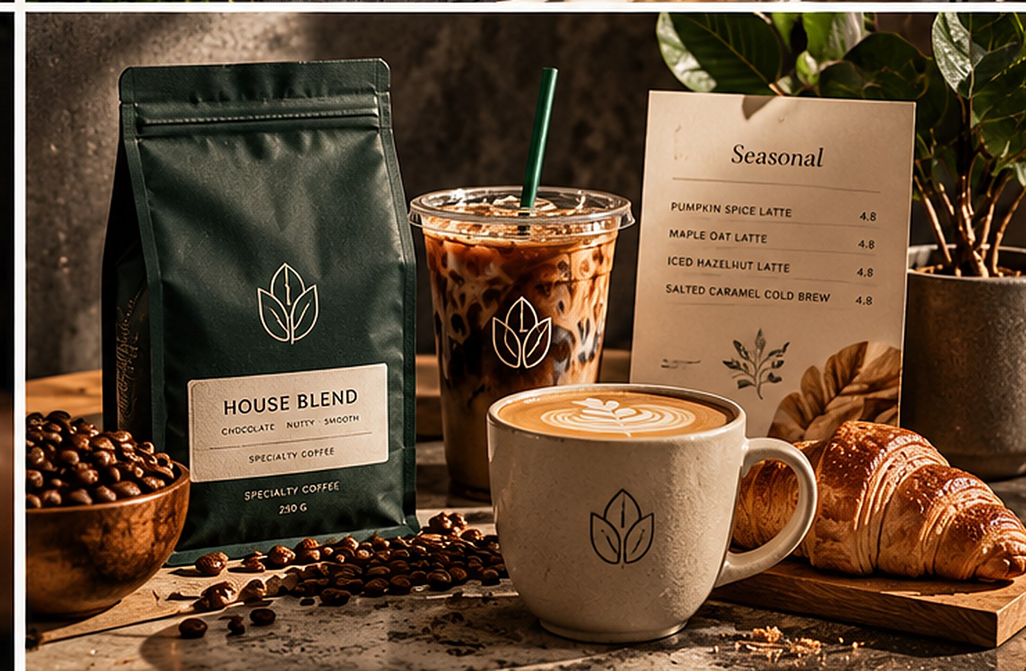 Coffee bag, iced coffee, cappuccino and croissant on a stone counter