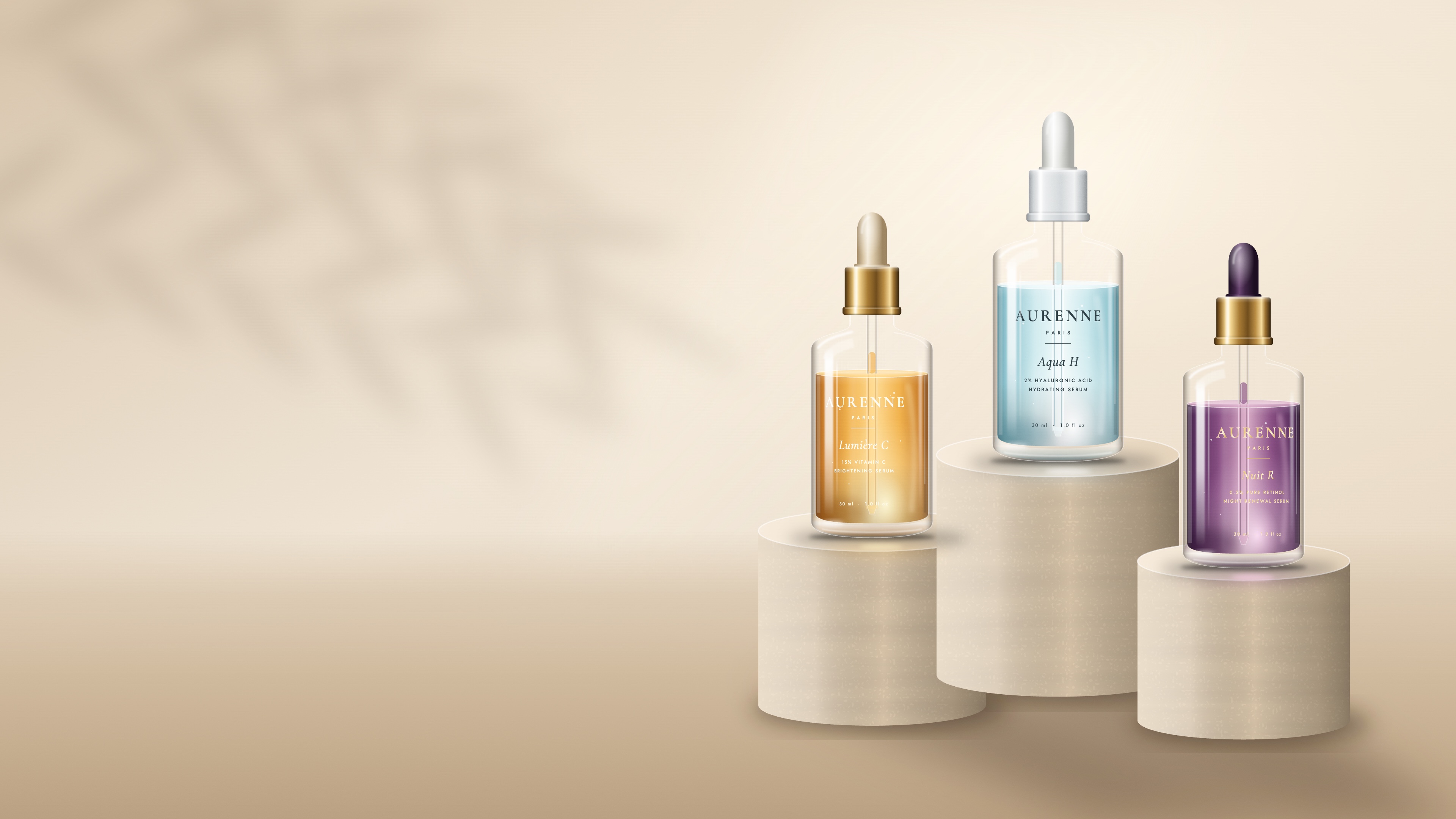 Three AURENNE glass dropper serums on travertine plinths in warm studio light