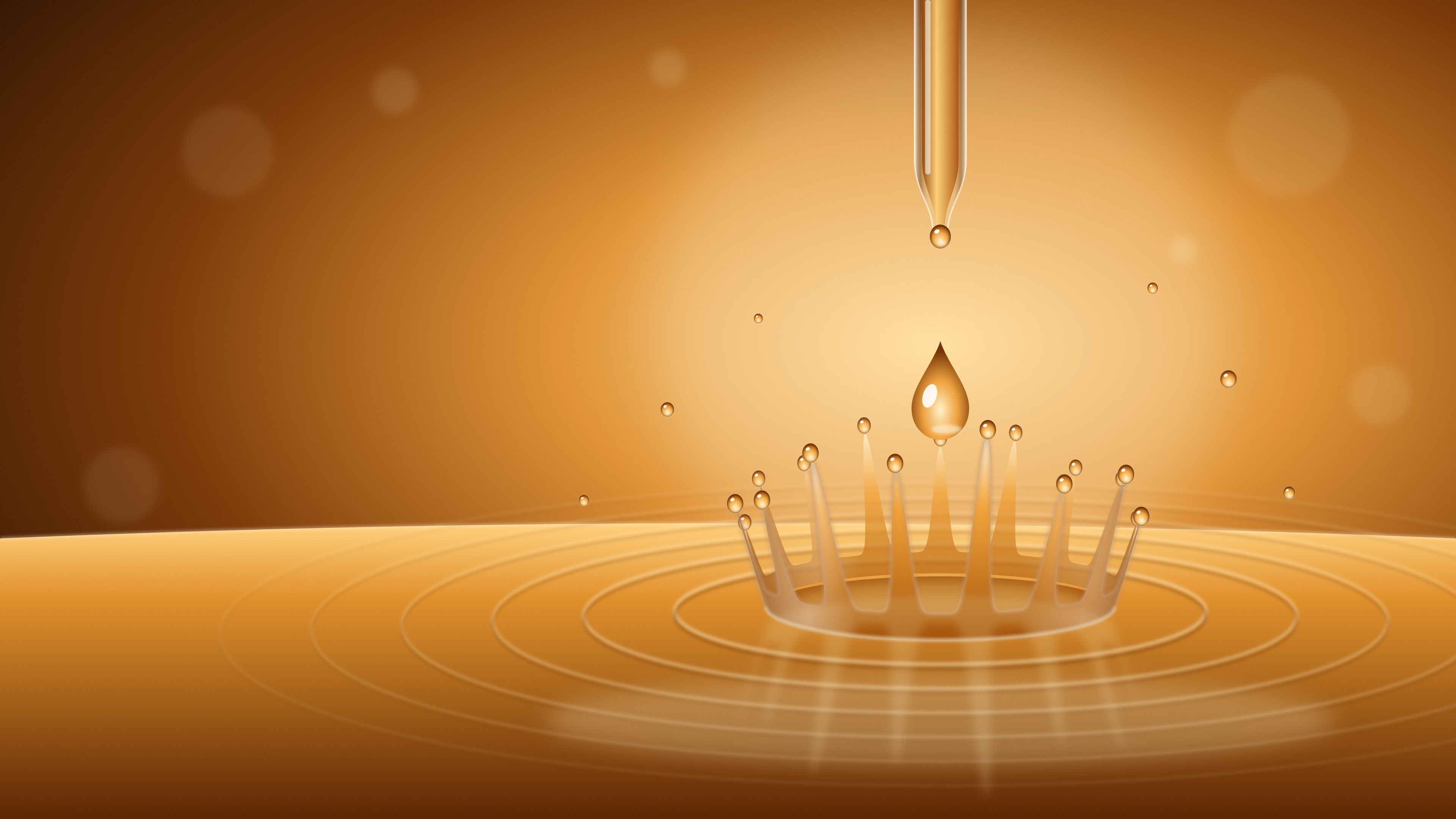 A drop of golden serum falling from a glass pipette into a pool