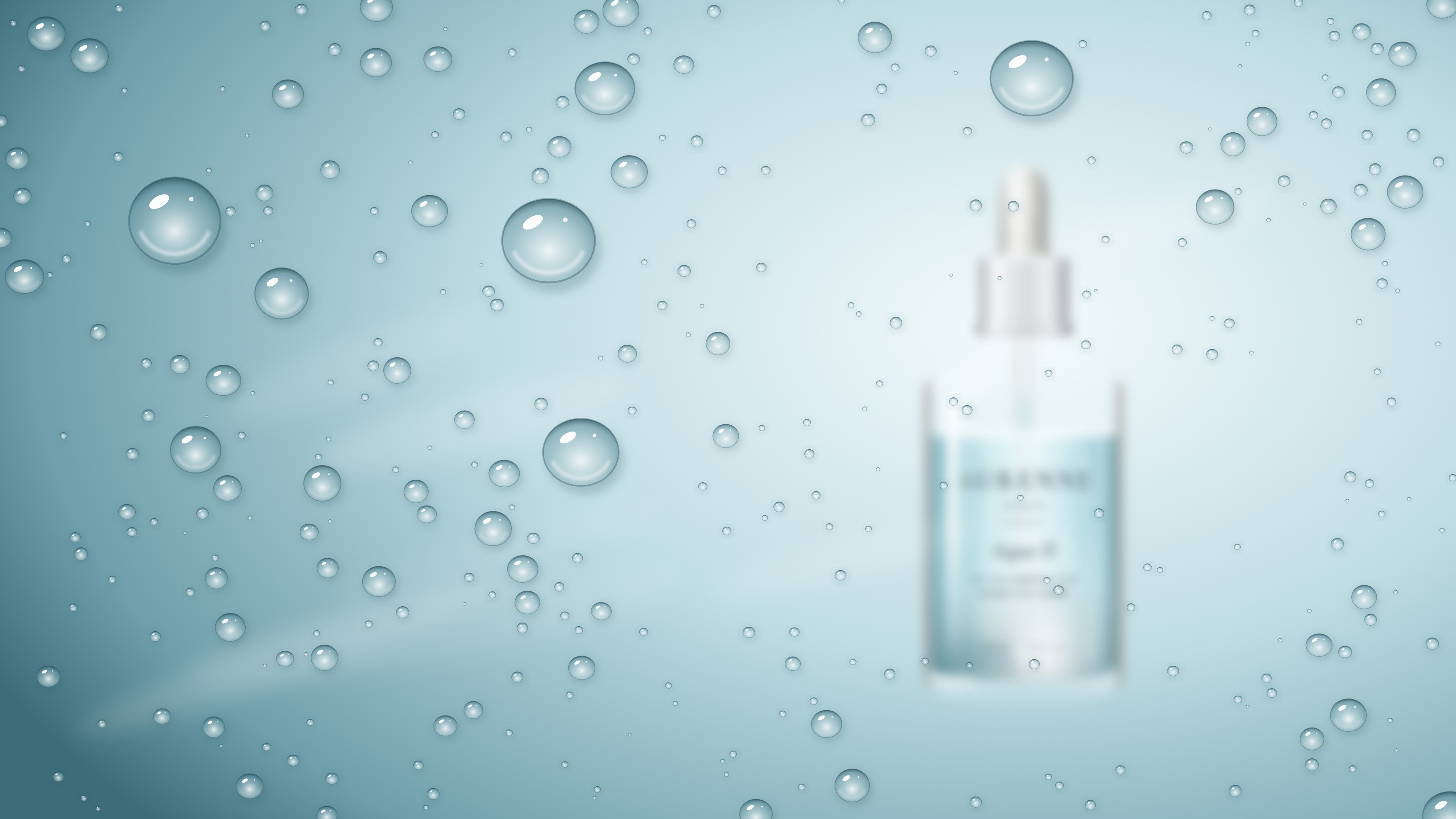 Water droplets on glass in front of the Aqua H serum