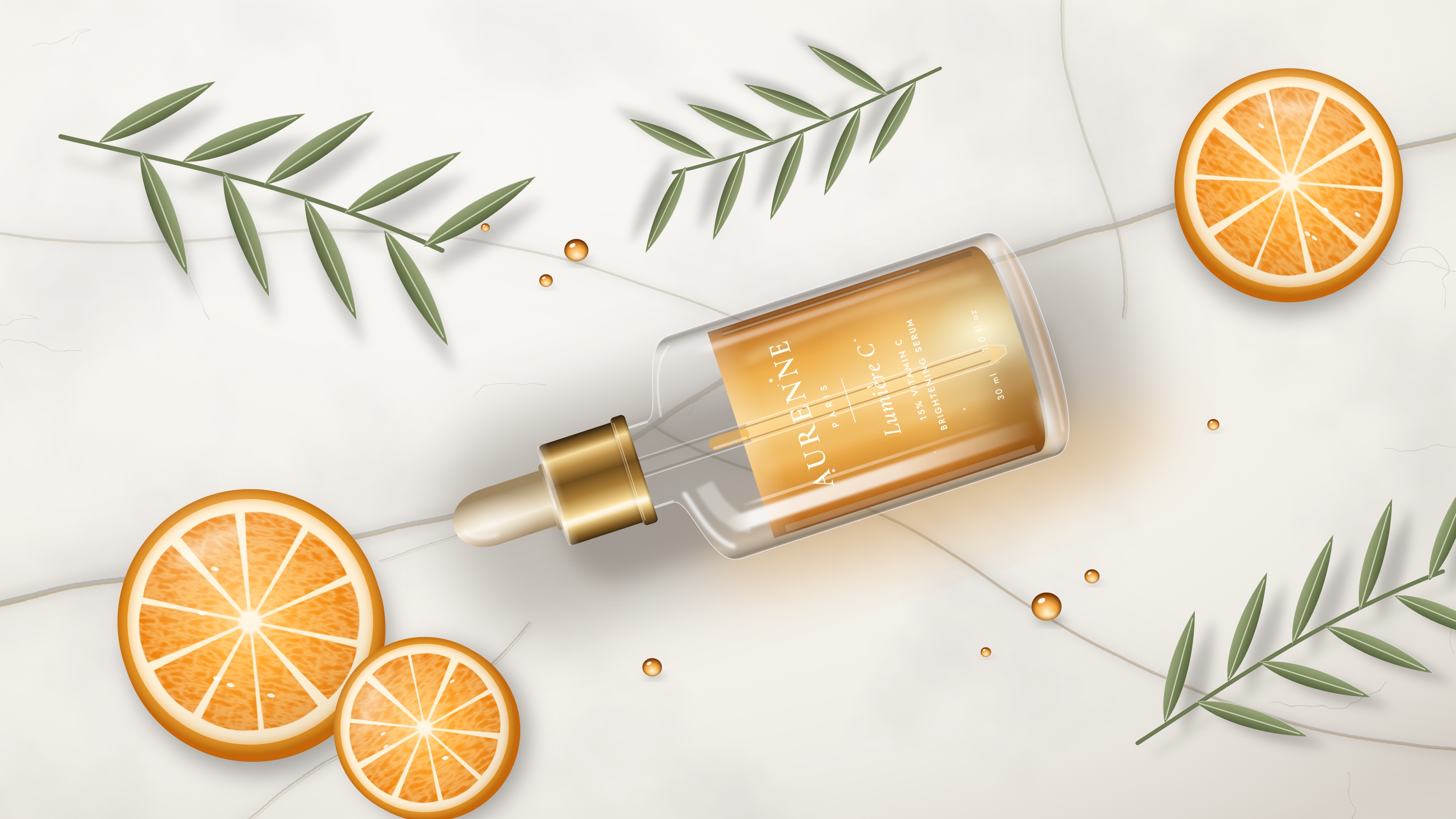 Lumière C serum lying on white marble with citrus slices and olive sprigs