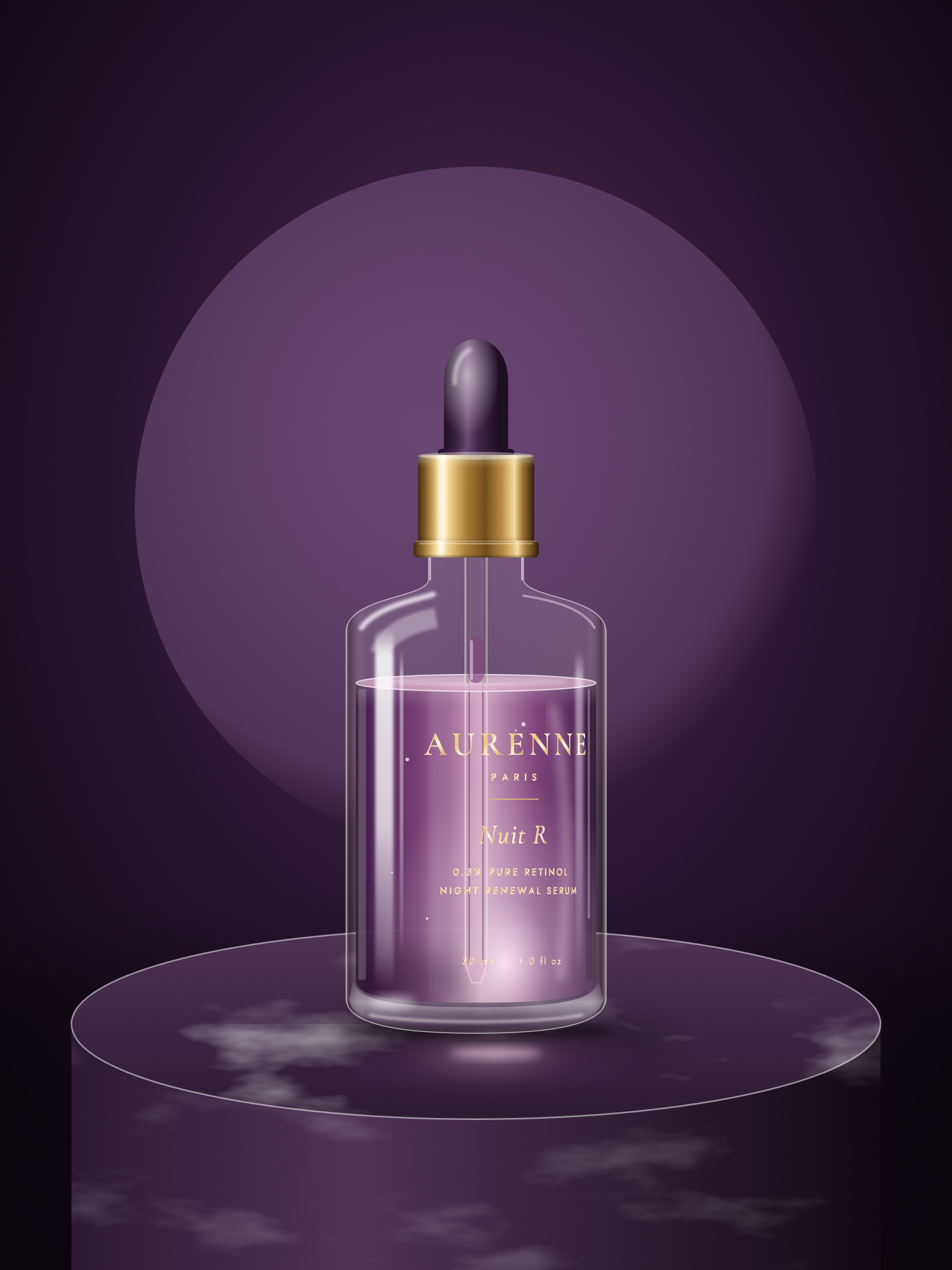 Nuit R retinol serum on a plinth against a deep plum backdrop