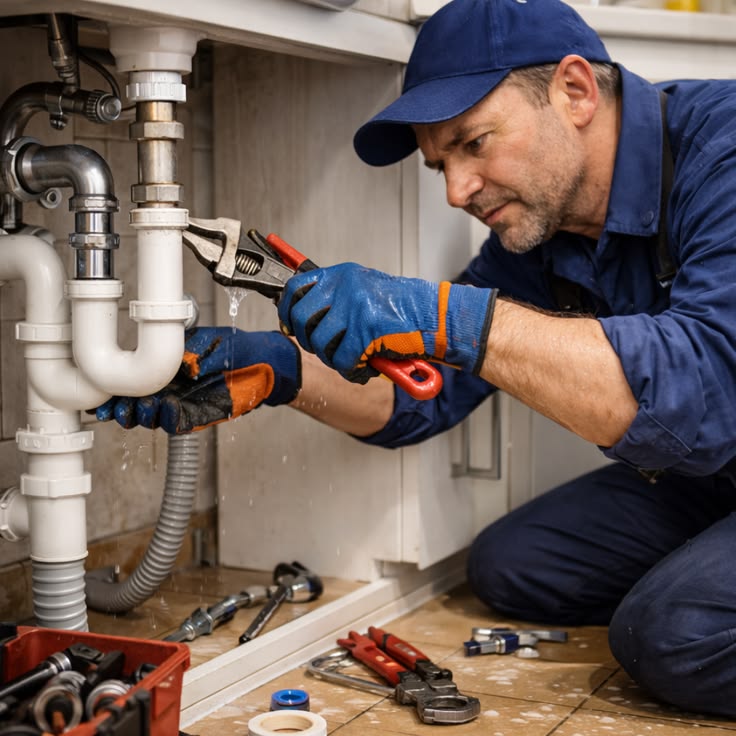 Plumber working beneath a kitchen sink with tools laid out on the floor