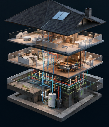 Exploded view of a house: roof, upper floor, main floor and foundation with plumbing lines