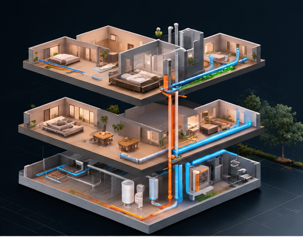 Exploded isometric view of three floors with colour-coded supply and drain lines