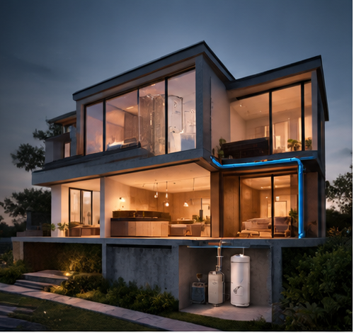 Modern two-storey home at dusk with lit interiors and a visible water heater below the ground floor