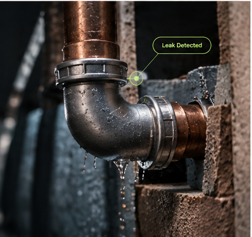 Copper pipe elbow with water dripping from a joint