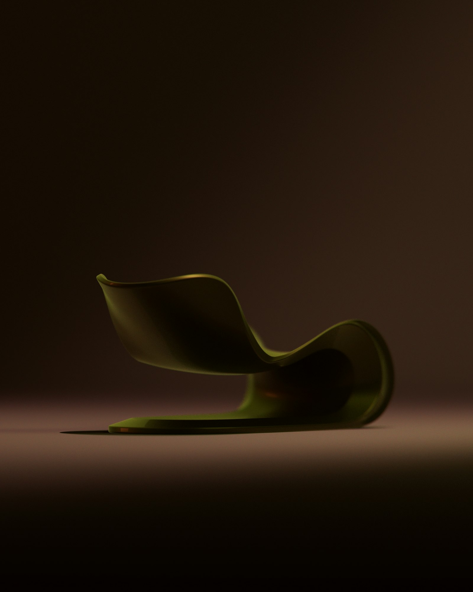 Curved olive lounge chair in low light